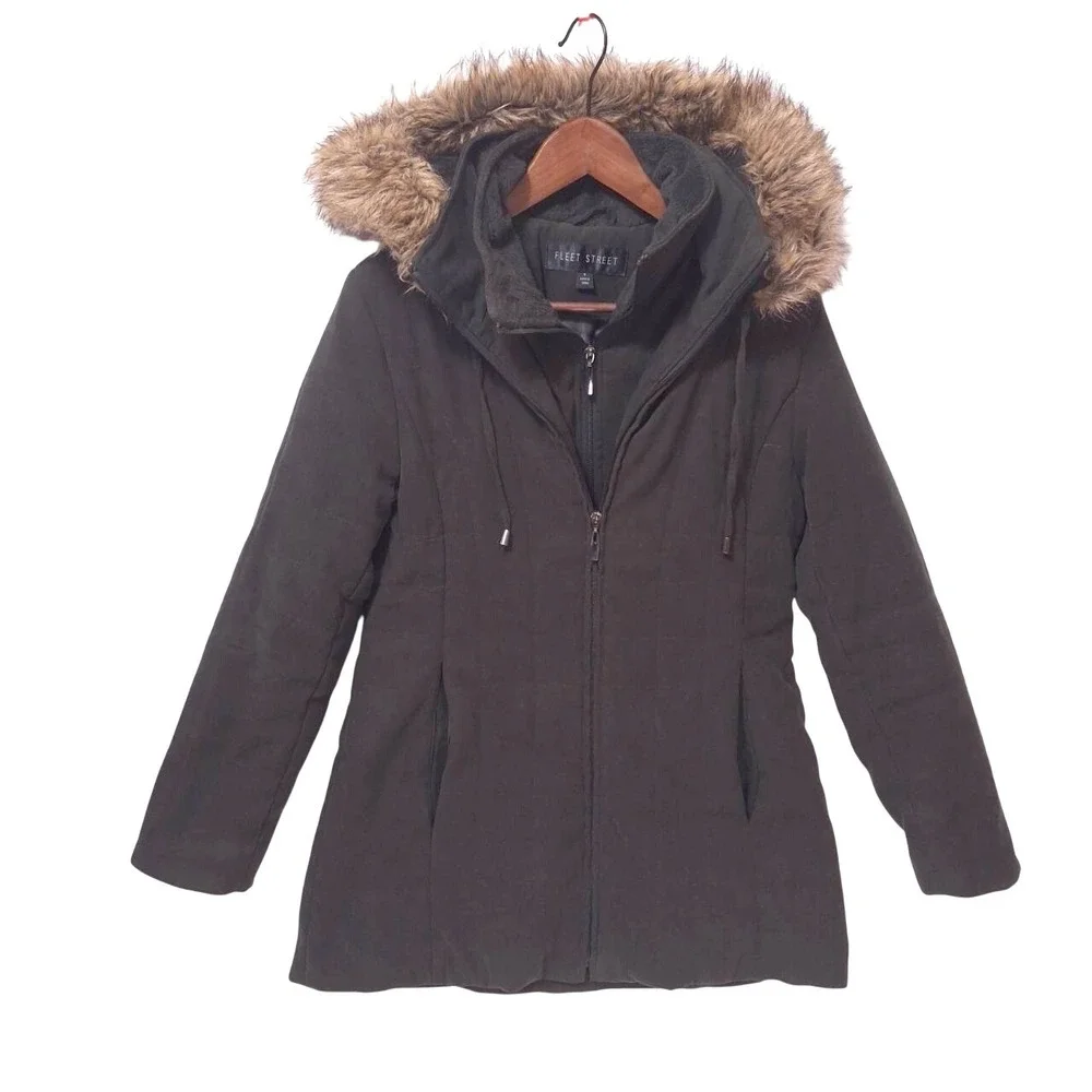 Fleet Street‎ Detachable Hooded Puffer Coat Jacket Women S Fleece Collar Green